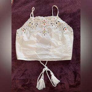Zara White Embroidered Crop Top with Tassels
